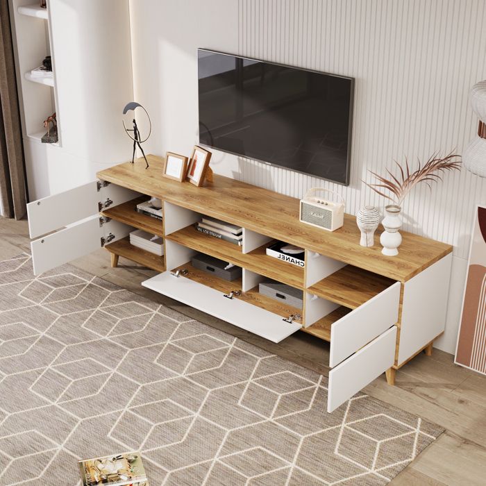 VLIVRA Meuble tv avec portes et espace de rangement ouvert - meuble de salon blanc et clair style maison de campagne 175x37x51 cm