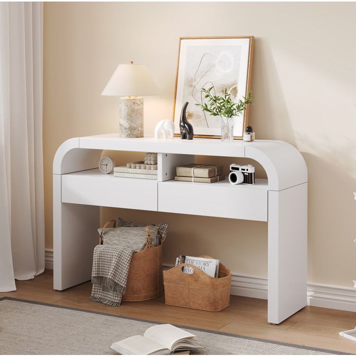 Table console blanche 120 x 355 x 765 cm 2 tiroirs pieds réglables plateau MDF