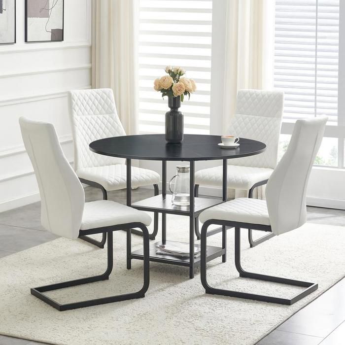 Table à manger avec 4 chaises blanches à motif losange et double tablette Ensemble de salle à manger ronde de 107 cm de diamètre