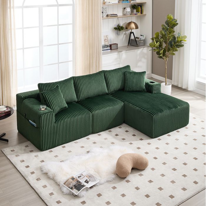 Canapé modulable avec méridienne 5 coussins et porte-gobelet - TCQPZ - corduroy vert émeraude 257×160×62 cm