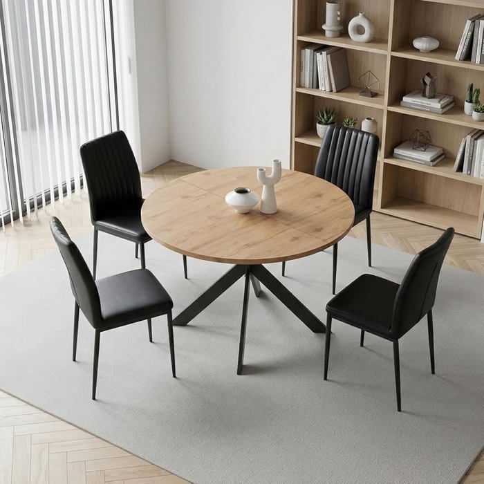 JIEXI Ensemble table de salle à manger ronde et 4 noir PU chaises plateau en MDF avec pieds en métal