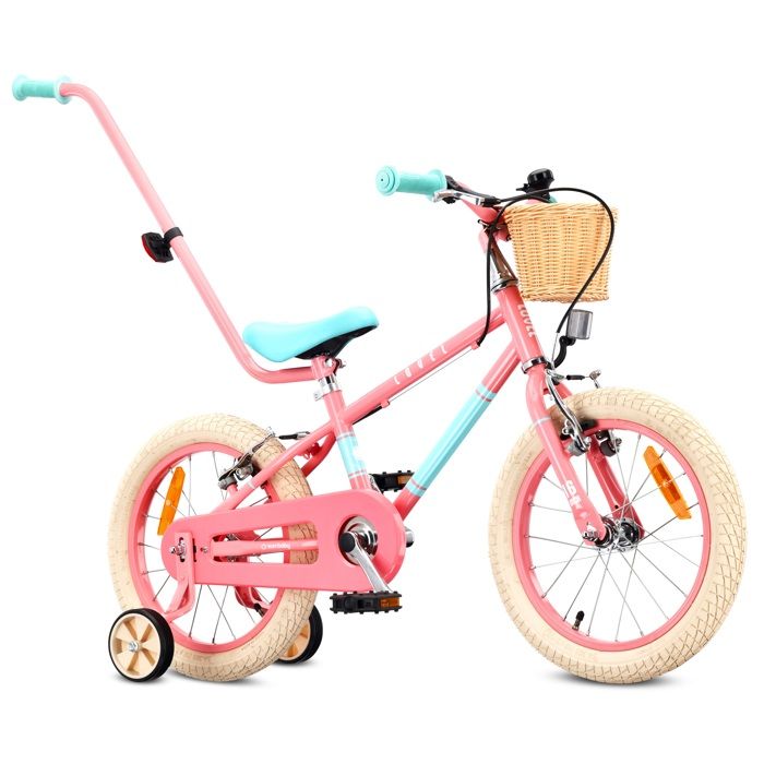 Vélo Enfant - Sun Baby LOVEL - Roues 16 - 4 à 6 ans - roues latérales panier sonnette cache-chaîne poignée - Rose-Menthe
