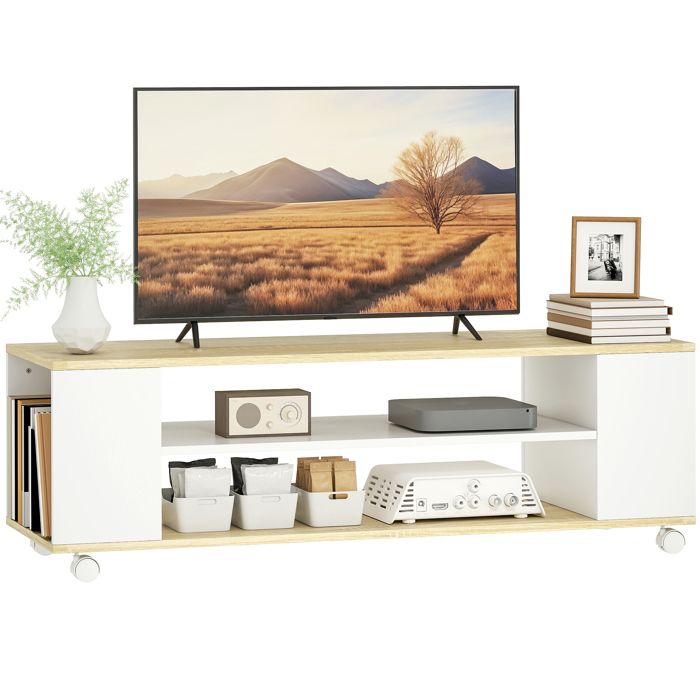 Meuble TV - HOMCOM - avec roulettes - téléviseur jusquà 55 pouces - 2 étagères ouvertes - bois - 120x40x38 5cm - blanc et naturel Meuble TV - HOMCOM - avec roulettes - téléviseur jusquà 55 pouces - 2 étagères ouvertes - bois - 120x40x38 5cm - blanc et naturel