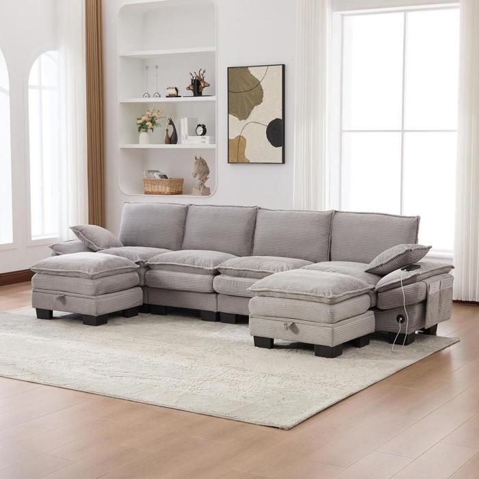 Canapé modulaire - KOMHTOM - Canapé modulaire 4 places - Velours côtelé - Port USB-C - 2 poufs & coffre Canapé modulaire - KOMHTOM - Canapé modulaire 4 places - Velours côtelé - Port USB-C - 2 poufs & coffre