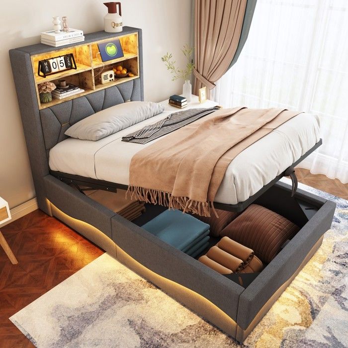 Lit superposé enfant - Page Living - 90x200 hydraulique - LED intégrée - Sommier métal tissu lin gris