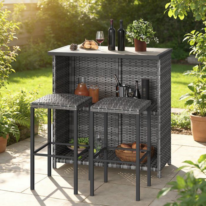 Ensemble table de bar extérieur 3 pièces table et haute 2 tabourets rotin PE acier pour patio balcon cuisine Noir