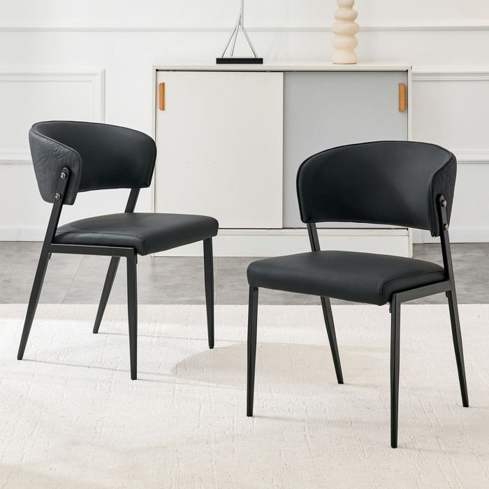 Chaise moderne rembourrée - Ensemble de 2 pièces - Noir - Cuir synthétique - Cadre en métal - Dossier ergonomique