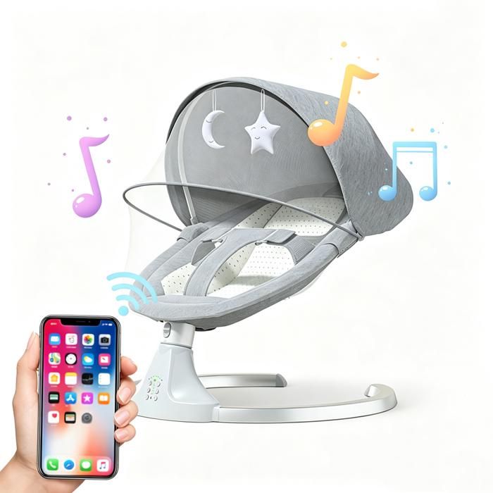 Transat bebe multifonctionnel Balancelle bebe electrique Bluetooth Musique chaise avec harnais de sécurité 3 vitesses minuterie