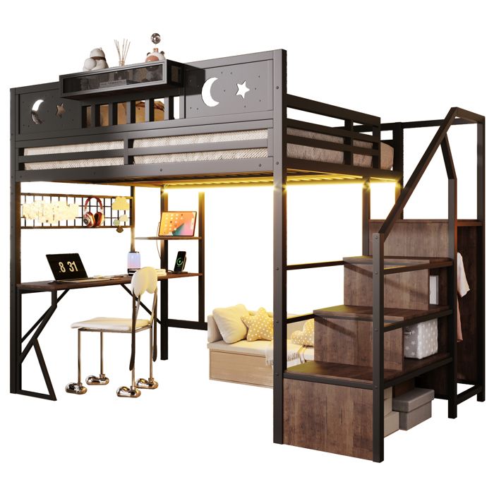 LEMLIT Lit Mezzanine en Métal avec Bureau 140 x 200 CM avec Etagères Échelles Garde-Corps sur Toute la Longueur Noir