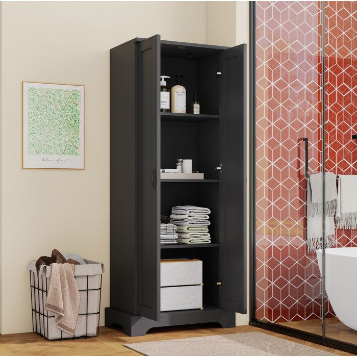 Colonne de salle de bain 2 portes 4 étagères réglables fermeture douce - BEAUNIV - MDF noir 56×40×170 cm