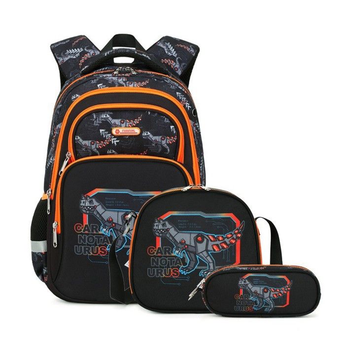XJYDNCG 3Pcs Cartable Fille Primaire Sac à dos Enfant ScolaireMotif Dinosaure Mécanique42x30x15cmNoir