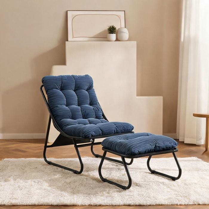 Fauteuil inclinable dextérieur avec ottoman en acier et coussin moelleux lignes modernes bleu marine et noir