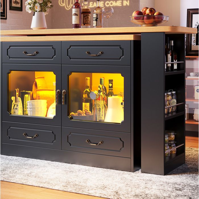 Meuble bar extensible 4 Tiroirs 2 Portes vitrées LED et Plateau Rotatif 360° - HAVRYA - Noir 135-203×39×92 8 cm
