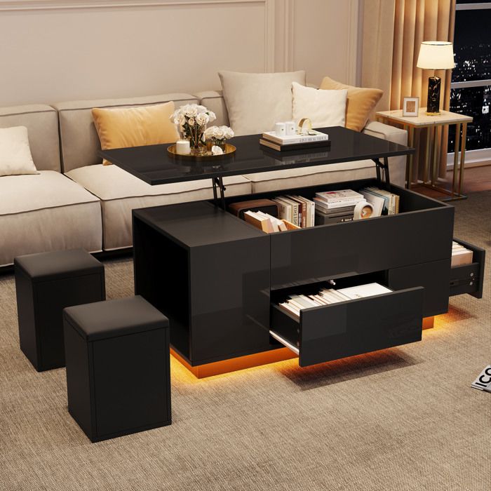 VEVXYN table basse relevable table salon hydraulique avec rangement 100 x 50 x 45 cm noir brillant LED 2 tiroirs 2 tabourets