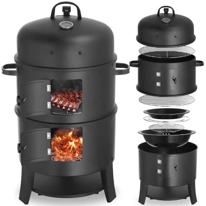 Barbecue - TECTAKE - Fumoir 3 en 1 Ø 41 CM 2 ROSTE avec thermomètre évacuation dair réglable acier 52 x 425 x 815 cm - Noir