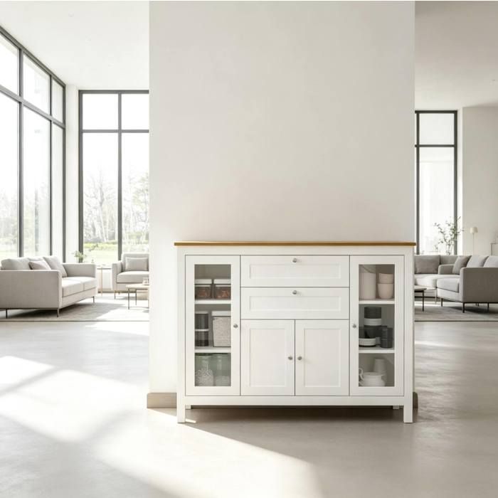 Buffet bas - 4 portes vitrees et 2 tiroirs - blanc et plateau aspect bois clair
