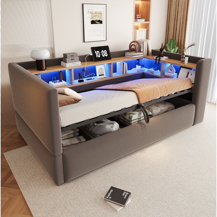 ULEVR Canapé-lit hydraulique 90 x 190 cm gris foncé avec LED intégrée prises et rangements multiples