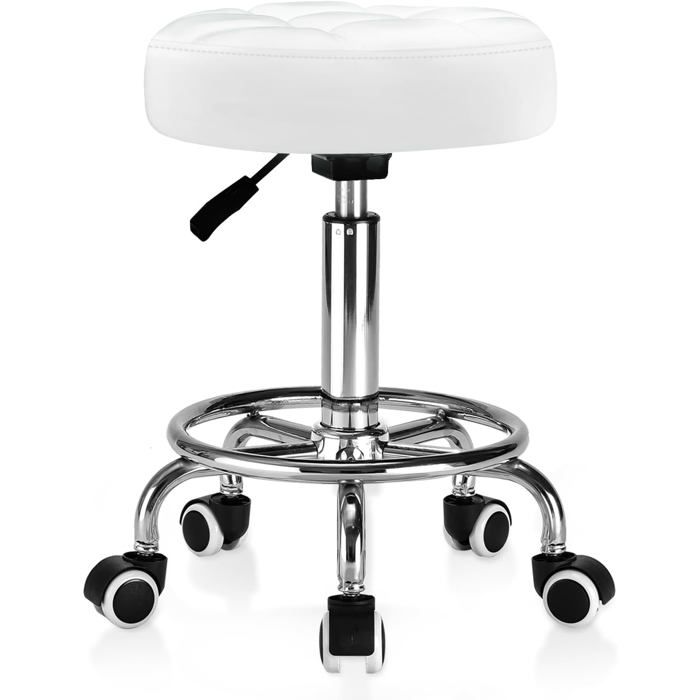 Tabouret Roulant Rond Rembourré En Cuir Synthétique-Hauteur Réglable-Avec Repose-Pieds-Rotation À 360°-Charge Maximale:150 K[IN64]