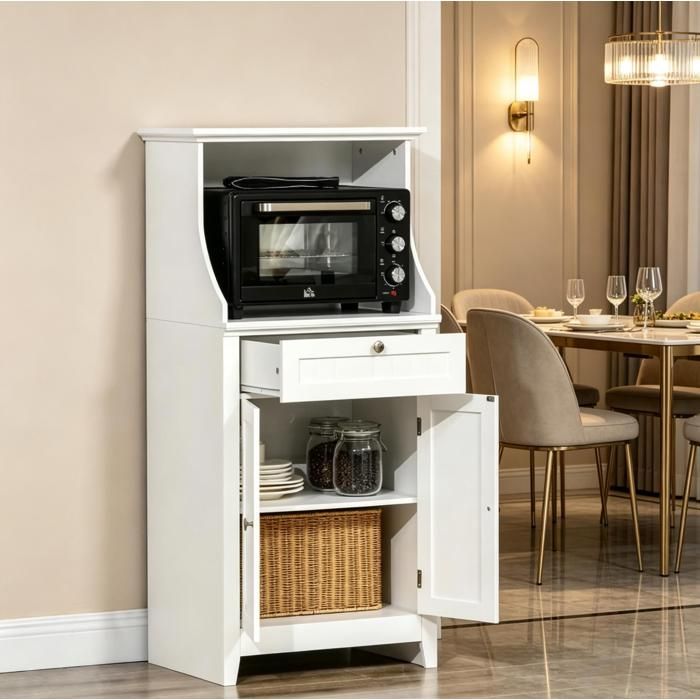 Meuble micro-ondes armoire de cuisine blanc MDF avec porte tiroir et niche ouverte 60x40x122 5 cm ORVRYN