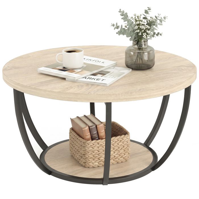 Table basse ronde avec 2 étagères de rangement pieds en métal bords arrondis chêne et noir
