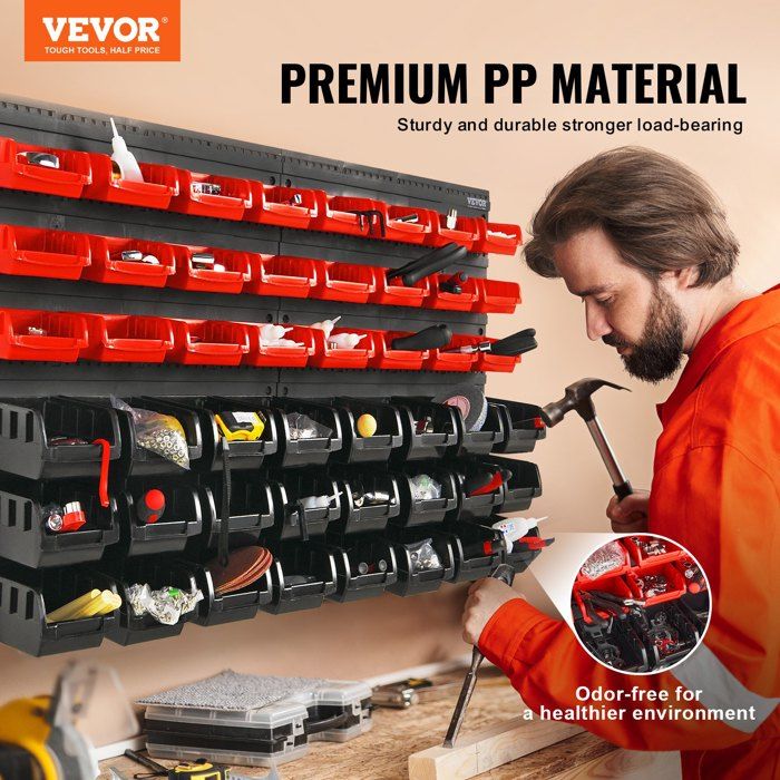 Étagère Bac à Bec Plastique 48 Boites Rangement Empilables Atelier Garage avec Panneaux Muraux Organisateur Outils pour Écrous B…