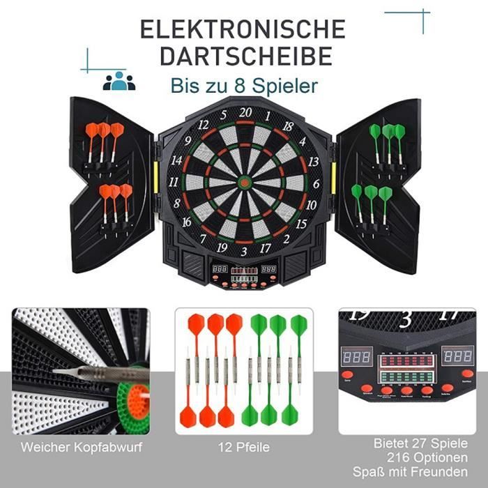HOMCOM Cible électronique Fléchettes – 27 Jeux, 202 Variantes, Score Auto, 8 Joueurs, Affichage LED
