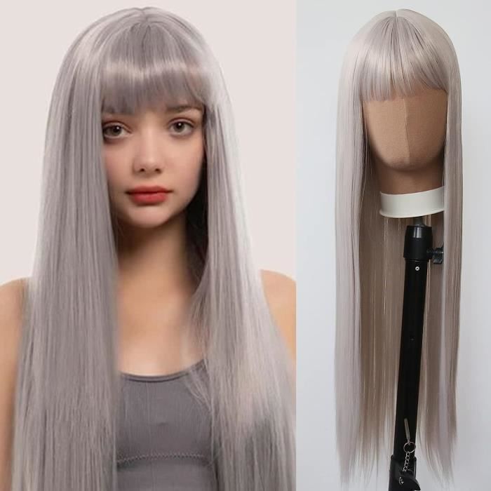 Perruque Gris Clair Avec Frange Cheveux Longs Et Raides Perruque