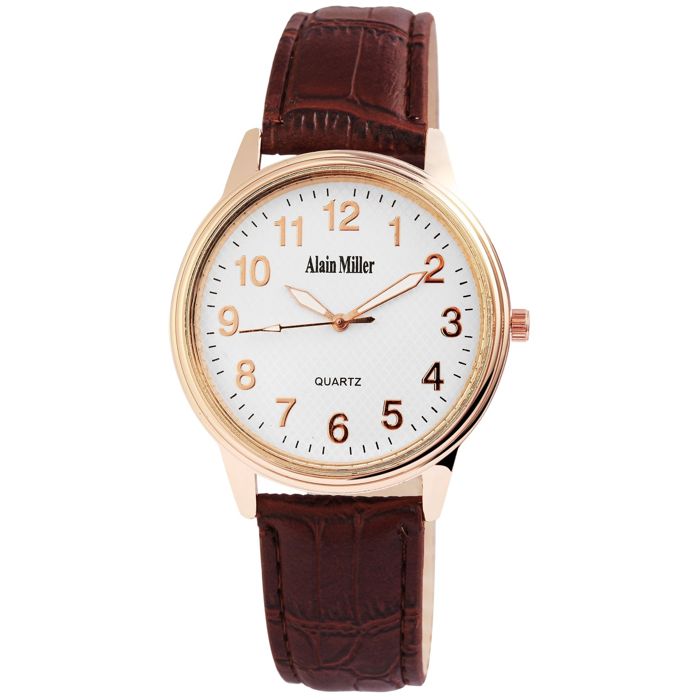 Montre homme - AM0007 - Boîtier métal rosé doré - Ø 41 mm - Bracelet simili cuir marron