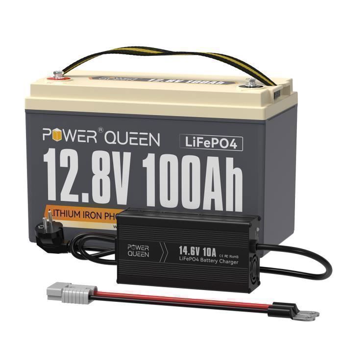 12V100Ah Batterie véhicule Batterie Lithium LiFePO4 & 146V 10AChargeur de Batterie au Lithium Power Queen