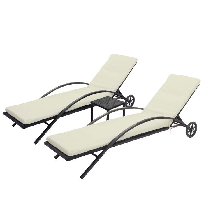 ensemble de 2 chaises longues de jardin transat bain de soleil avec petite table en polyrotin noir coussins beige