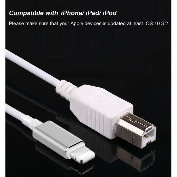 Câble Imprimante pour iPad et iPhone, Lightning vers USB type B en Nylon  Tressé, LinQ - 1,5m - Français