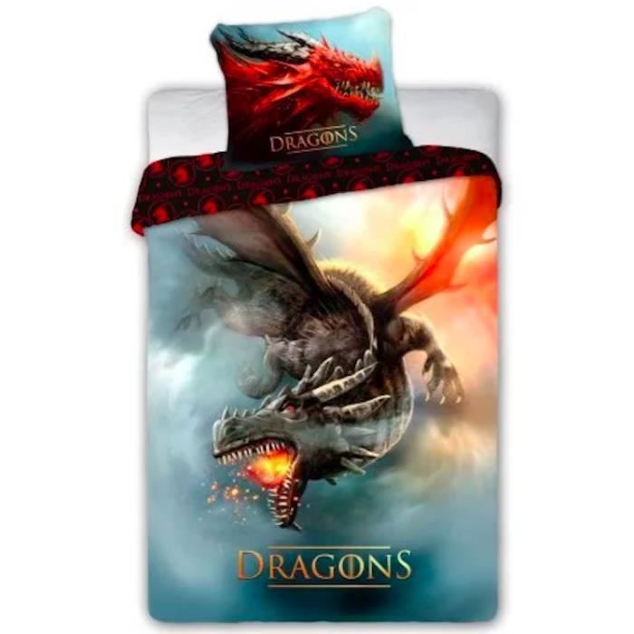 Linge de lit - Dragons - 140x200 cm - 100% coton - Multicolore - 2 pièces