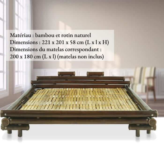 cadre de lit en bambou et rotin naturel belleshop - 221 x 201 x 58 cm - marron foncé - style campagne