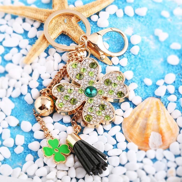 Porte-clés en cristal de trèfle à quatre feuilles porte-clés de voiture  porte-clés pendentif à boucle de sac à pompon (vert)