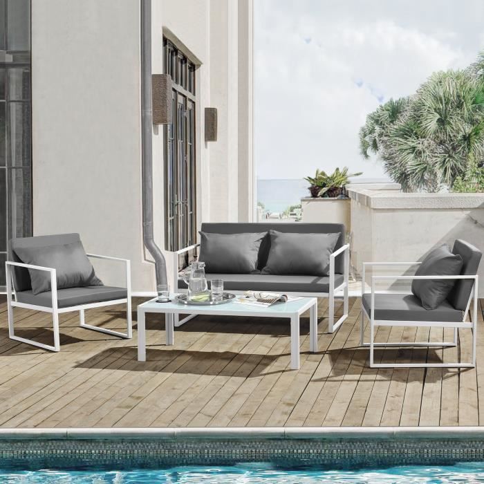 Casa Pro Salon De Jardin Ensemble De Jardin Table Basse Avec Canape Et Chaises Exterieure Metal Verre Polyester Blanc Achat Vente Salon Bas De Jardin Casa Pro Salon De Jardin Cdiscount