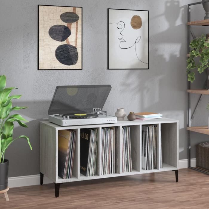 Armoire à Vinyles Gris Béton 84,5x38x89 Cm - En Bois D'ingénierie, 354 Disques, Pour Collection LP, Avec Fixation Murale