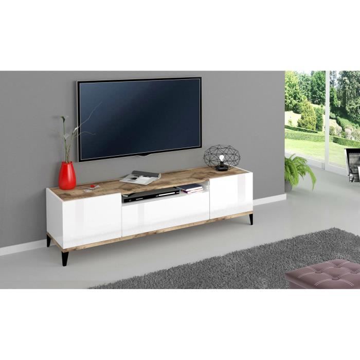 Dmora - Meuble TV Ivan Buffet bas de salon avec 2 portes base meuble TV 160x40h47 cm Blanc brillant et Érable