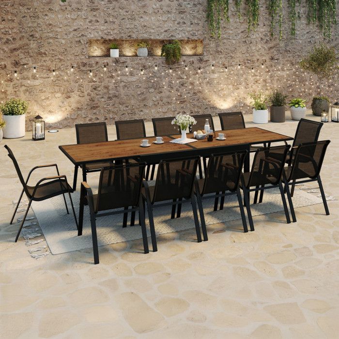 IDMARKET Salon de jardin NOUMEA table extensible 135/270 cm plateau effet bois et 12 chaises empilables noir et bois