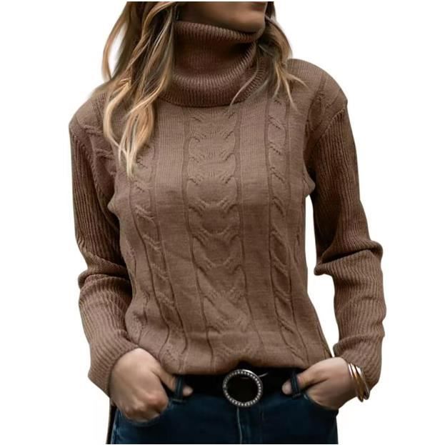 Pull a col roule en tricot torsade pour femme Marron