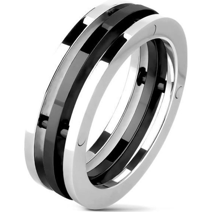 Bague trio d'anneaux homme acier couleur argent et noir pièce