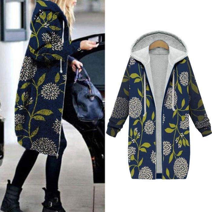 Sweat à Capuche Femme Silver Lake – Bleu Fleuri – Taille 16 – Zip Intégral – Excellent état