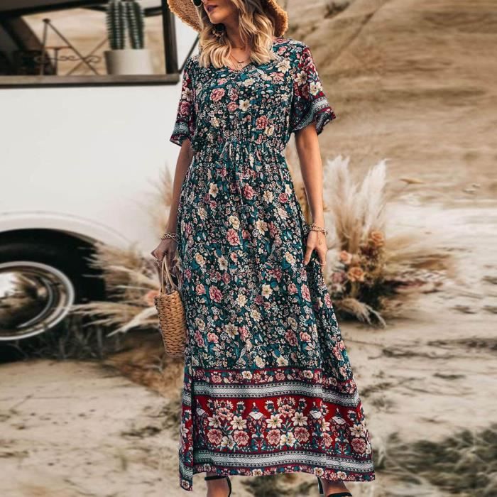 Enfants Filles Robe Boho manches longues col rond Plage Maxi Robe d/'été
