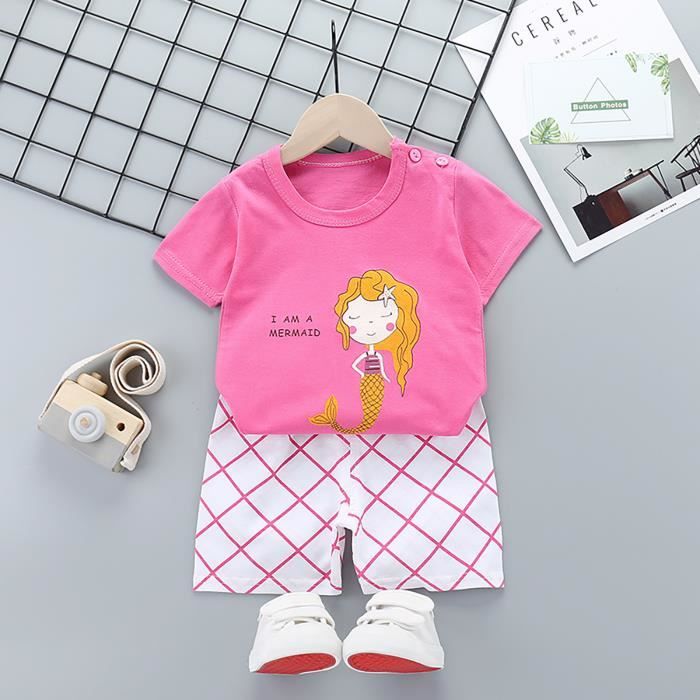 Ensemble Été Enfant Fille - T-shirt Manches Courtes + Short Imprimé Kawaii - 100% Coton Doux - Cadeau Idéal