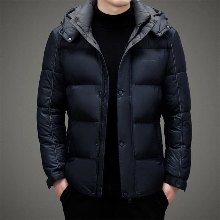 Doudoune Homme Hiver A capuche Manches longues Casual Chaude Epaisse Couleur unie Bleu 