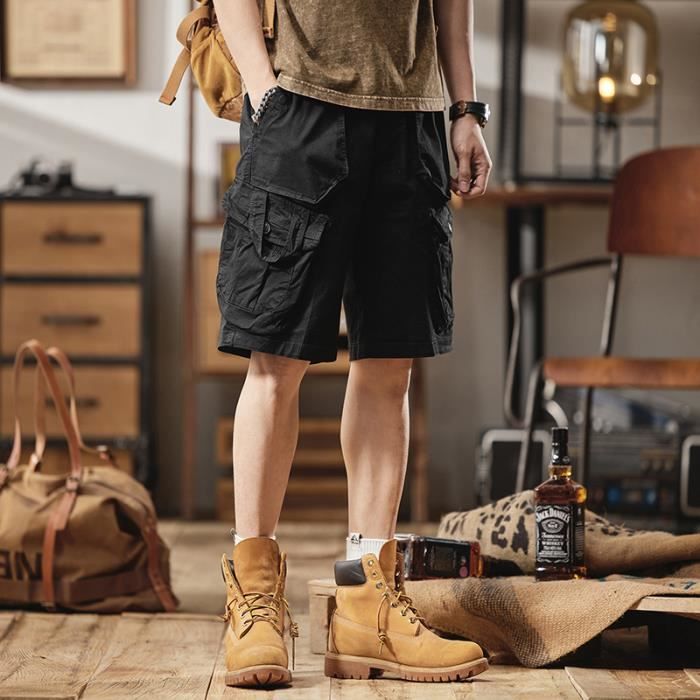 Bermuda Homme Cargo en coton Noir Coupe ample Casual Multipoches