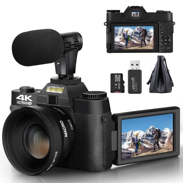 Appareil Photo numérique, caméras vidéo 4K pour la Photographie pour avec écran IPS 3,0" à180°, Objectif Grand Angle, Objectif Macro