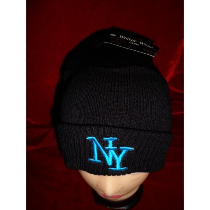 Bonnet NY En Laine à Revers - Doublure Polaire - Taille Unique - Coloris Beige Avec Logo Noir Brodé