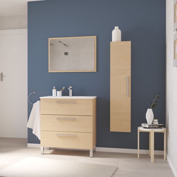 Meuble à Poser Salle De Bain ONDÉE PALLAS 120cm - Plan Céramique Double Vasque - 6 Tiroirs - Miroir Inclus - Chêne Clair