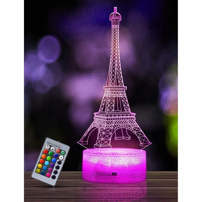 Veilleuse Enfants La Tour Eiffel Lampe Illusion 3D Pépinière LED Lumière, Télécommande 16 Changement de Couleur Dimmable, Cadeaux