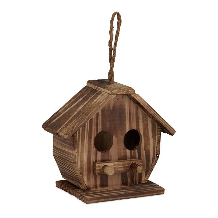 Relaxdays Nichoir pour oiseaux déco en bois brulé volière à suspendre pour l’extérieur 28 5 x 19 x 10 5 cm naturel
